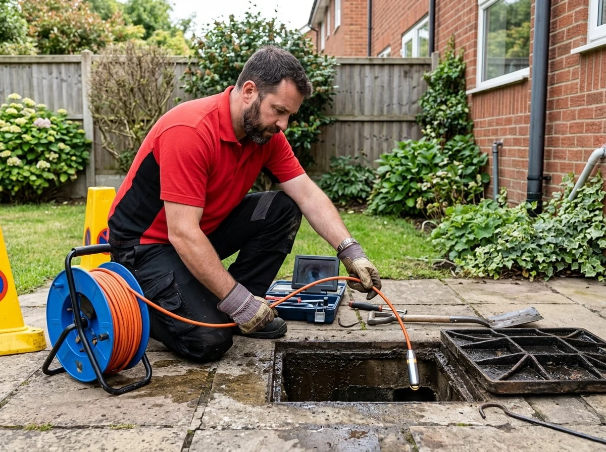 Shepperton Plumbers engineer using a CCTV drain camera to inspect a blocked drain in Shepperton