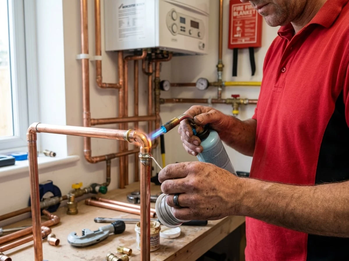 Shepperton Plumbers engineer soldering copper pipe fittings for a new boiler installation in Shepperton