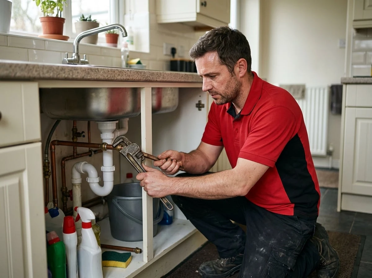 Shepperton Plumbers engineer carrying out emergency plumbing on a burst pipe in Shepperton